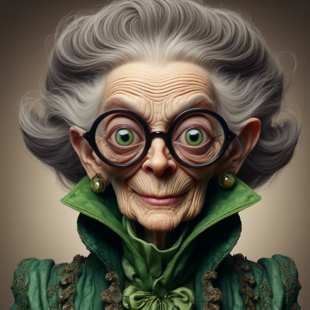 Chic Elderly Lady with Green Mammal Companion