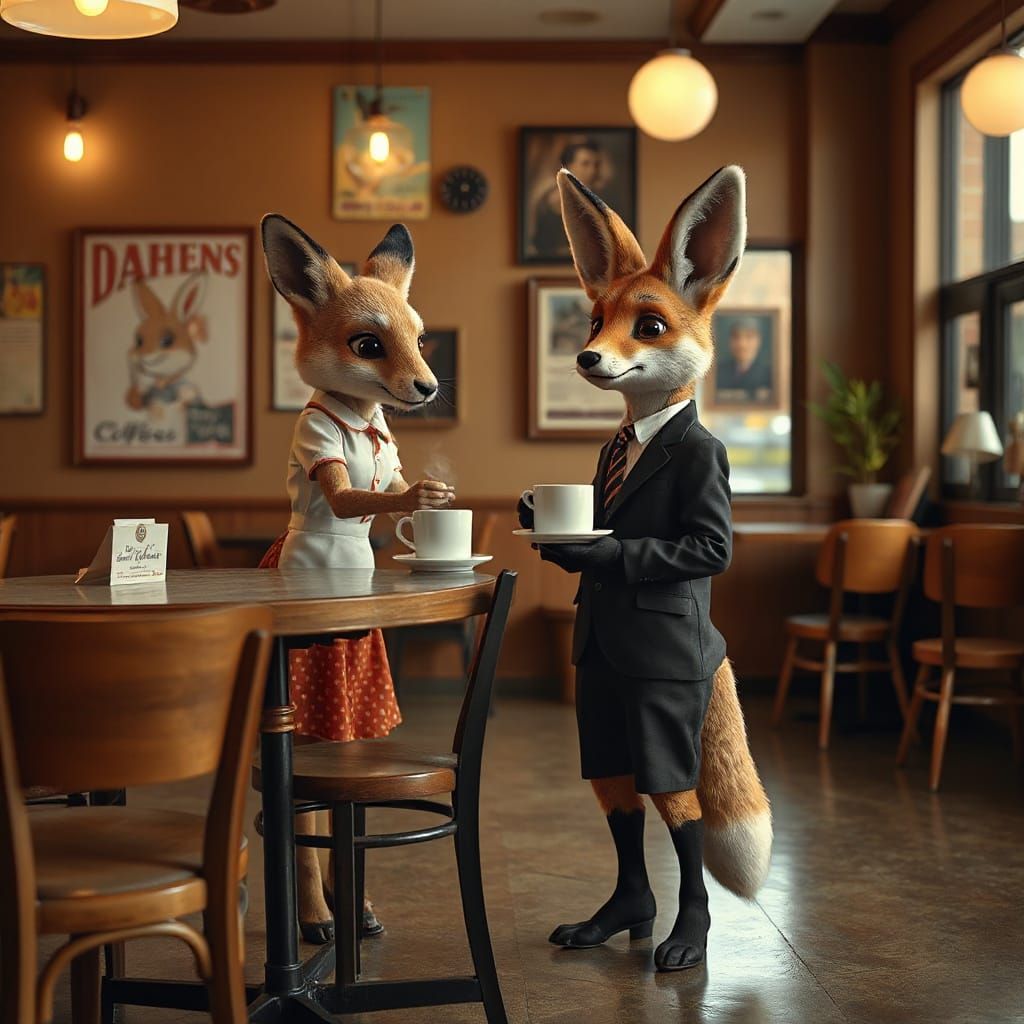 Anthropomorphic Fox in Vintage Coffee Shop