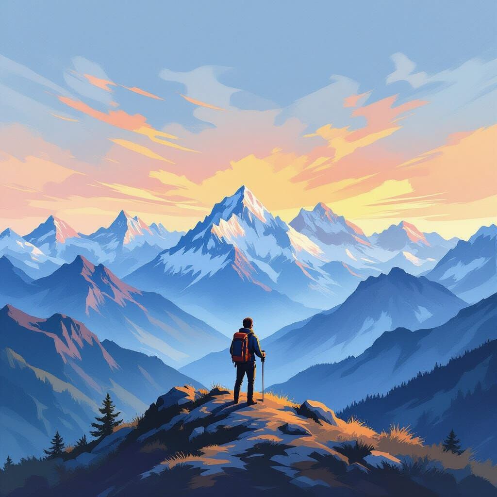 Hiker on Ridge Overlooking Vast Mountains, Gouache Painting