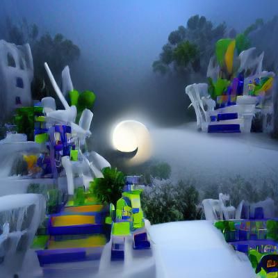 Moonlit Fog Landscape with Flickering Light
