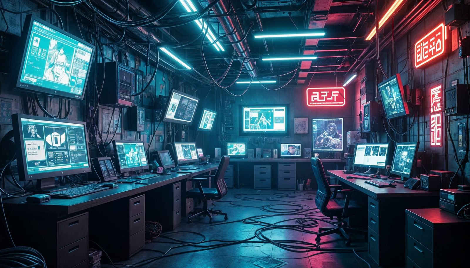Cyberpunk Room with Monitors and Neon Lights