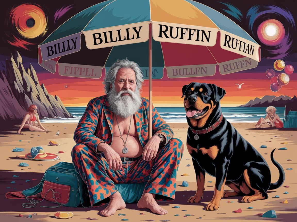 Hippie and Rottweiler Beach Day in Beryl Cook Style