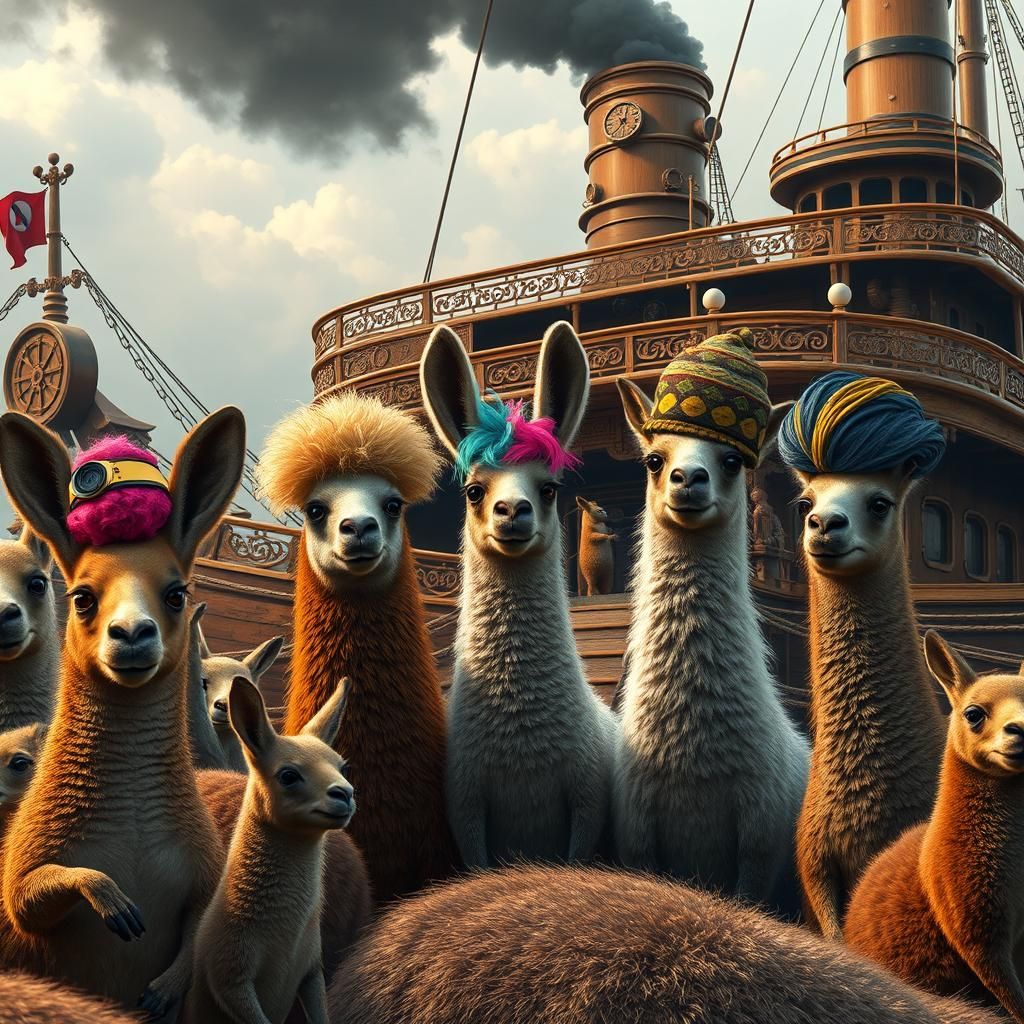 Kangaroos Watch Llamas Disembark Steamboat: Matte Painting