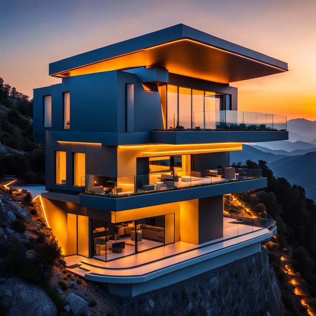 Modern Villa on Mountain Top at Sunset
