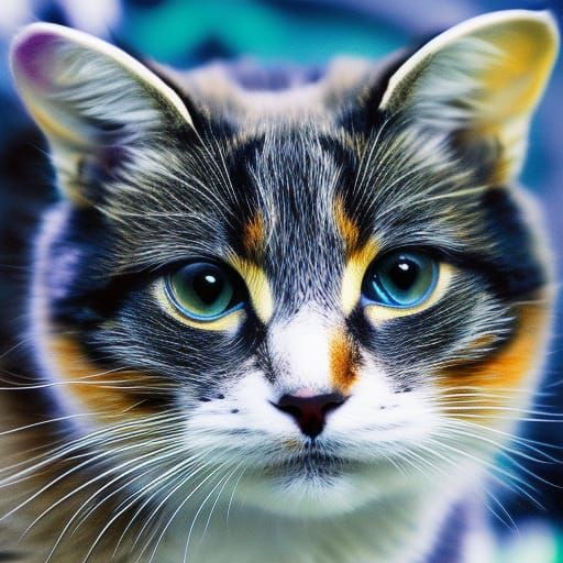 Biopunk Cat in Style of Woodblock Print