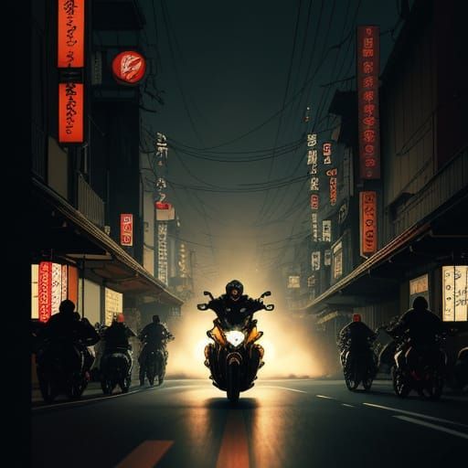 Ukiyo-e Style Akira and Friends Battle Neo-Tokyo on Motorcyc...