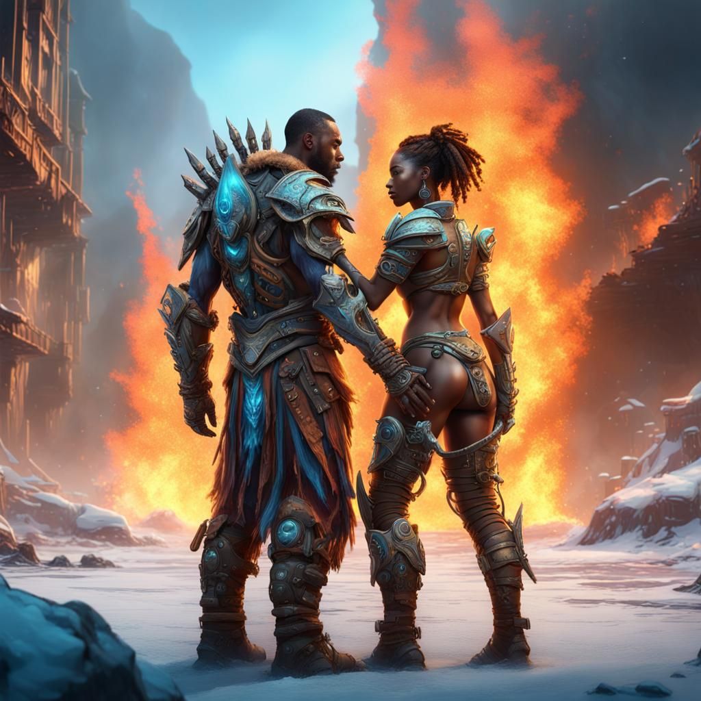 Fire Elemental and Ice Warrior in Post-Apocalyptic World