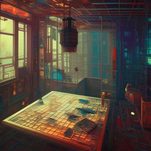 Cyberpunk Chessboard Penthouse Interior: Detailed Digital Ar...