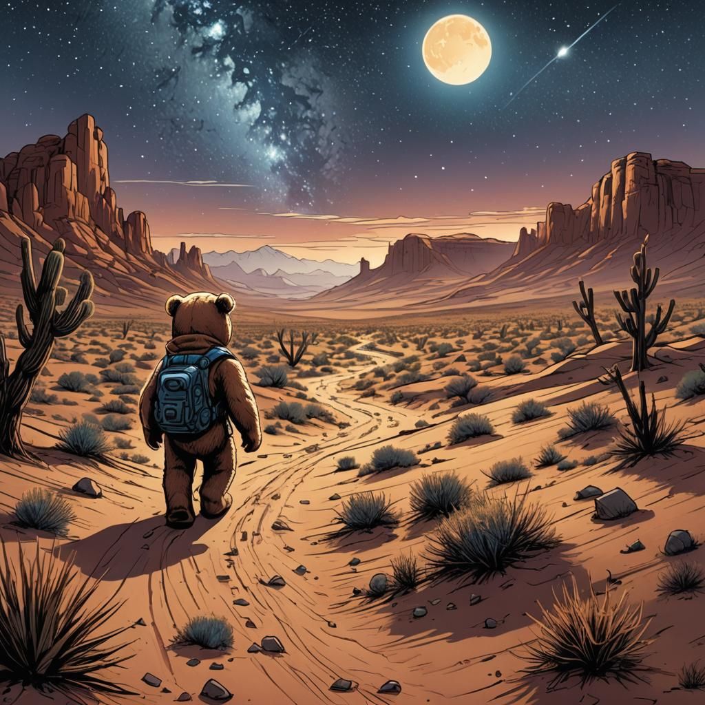 Teddy Bear Walks in Desert, Comic Book Art