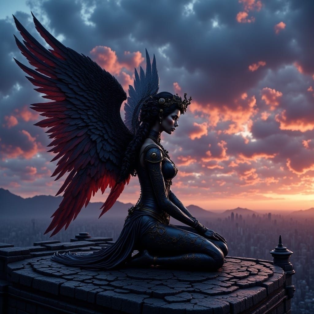 Steampunk Dark Angel on Rooftop at Twilight