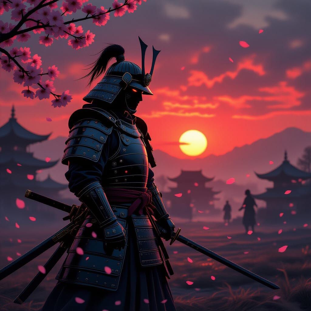 Samurai Warrior at Sunset Over Battlefield