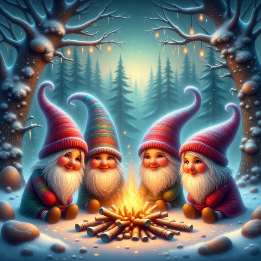 Gnomes Gather 'round a Magical Winter Campfire