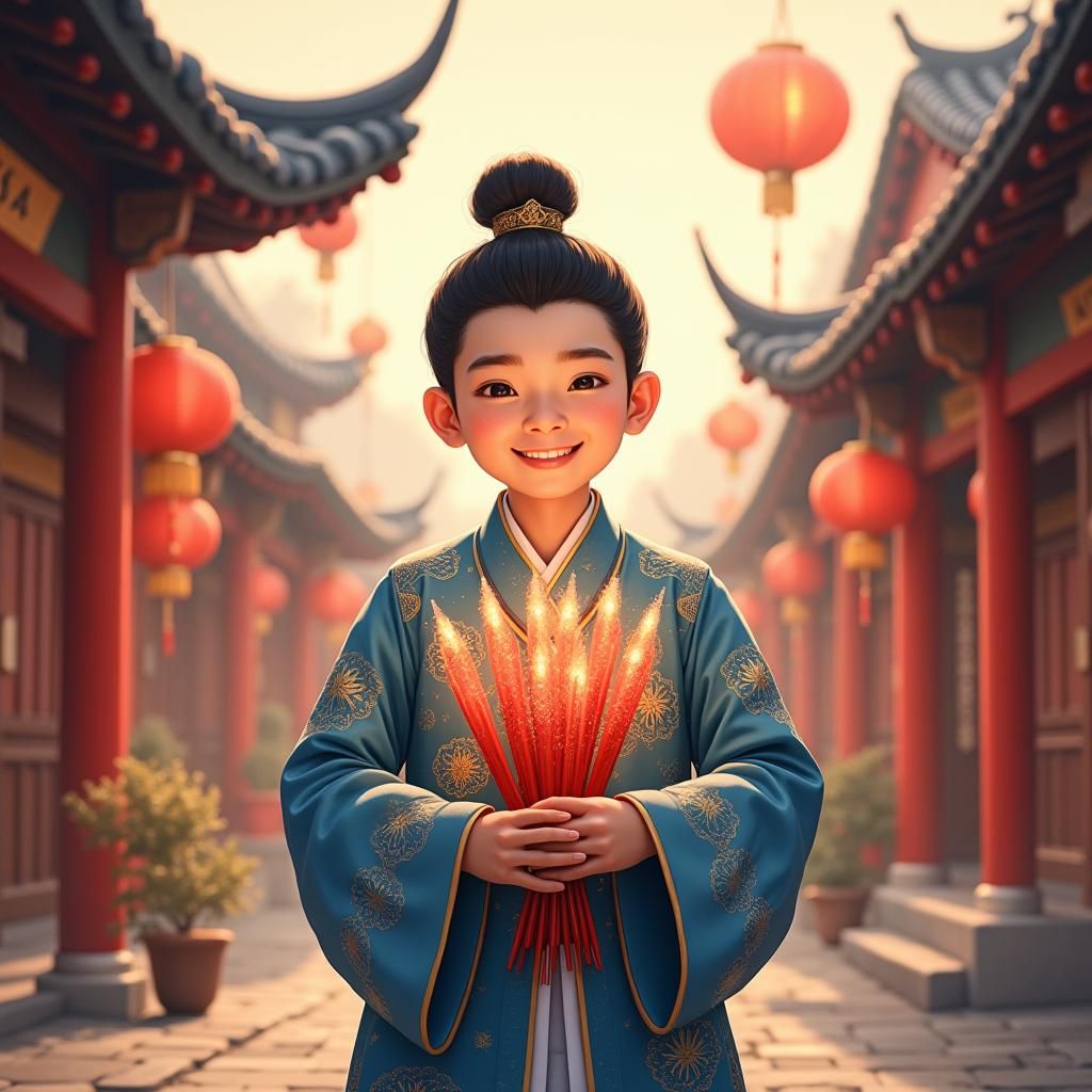 Festive Chinese Youth with Fireworks in Traditional Village