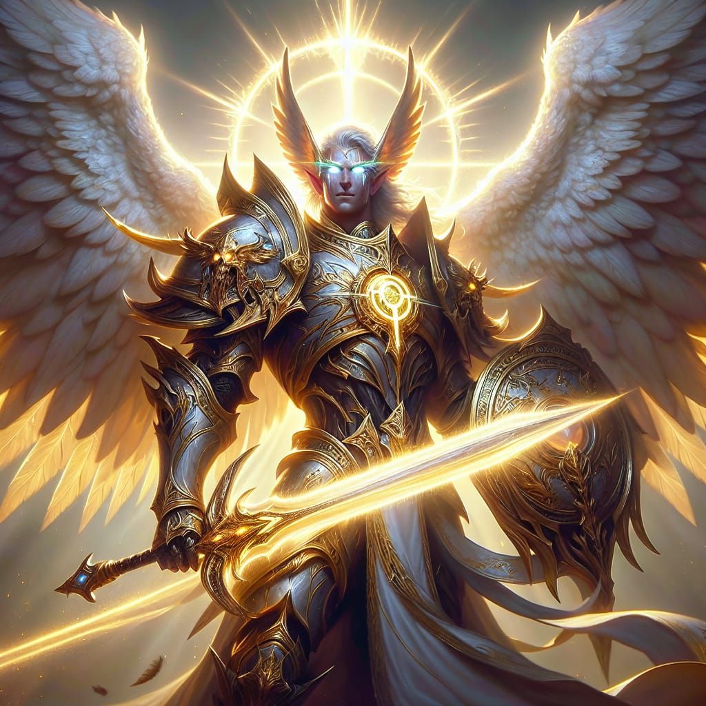 Aasimar Paladin with Sword and Shield on Battlefield