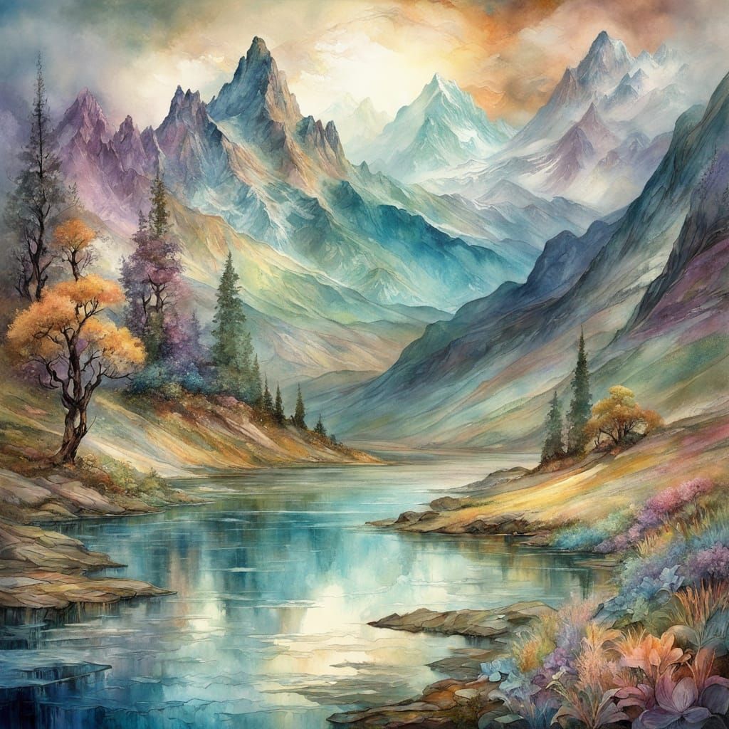 Muted Watercolour Mountain Lake Scene