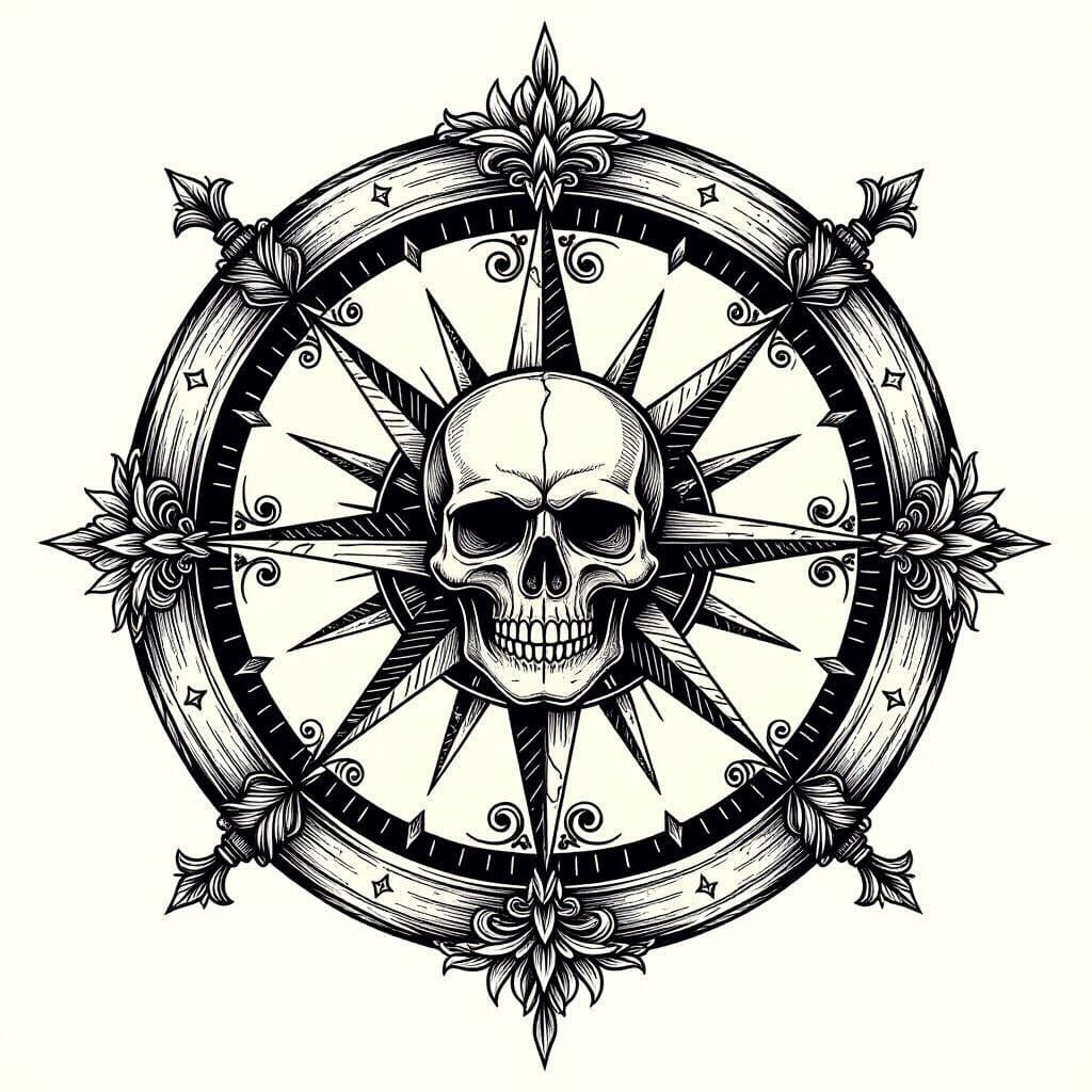 Black and White Pirate Compass Tattoo Design