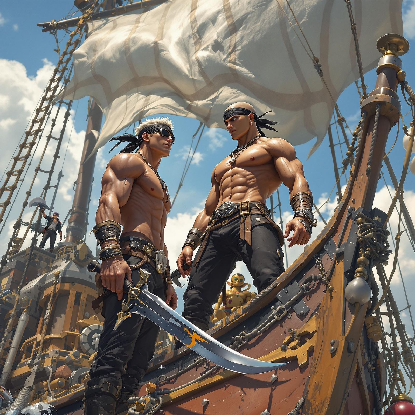 Pirate Ship with Two Handsome Men in Syd Mead Style