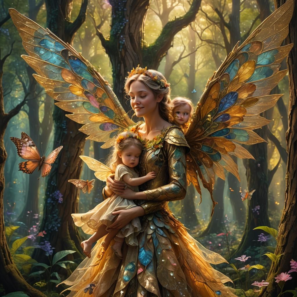 Tooth Fairy and Daughter in Fantasy Forest