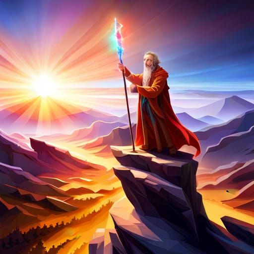 Colorful Wizard with Crystal Staff on Cliff