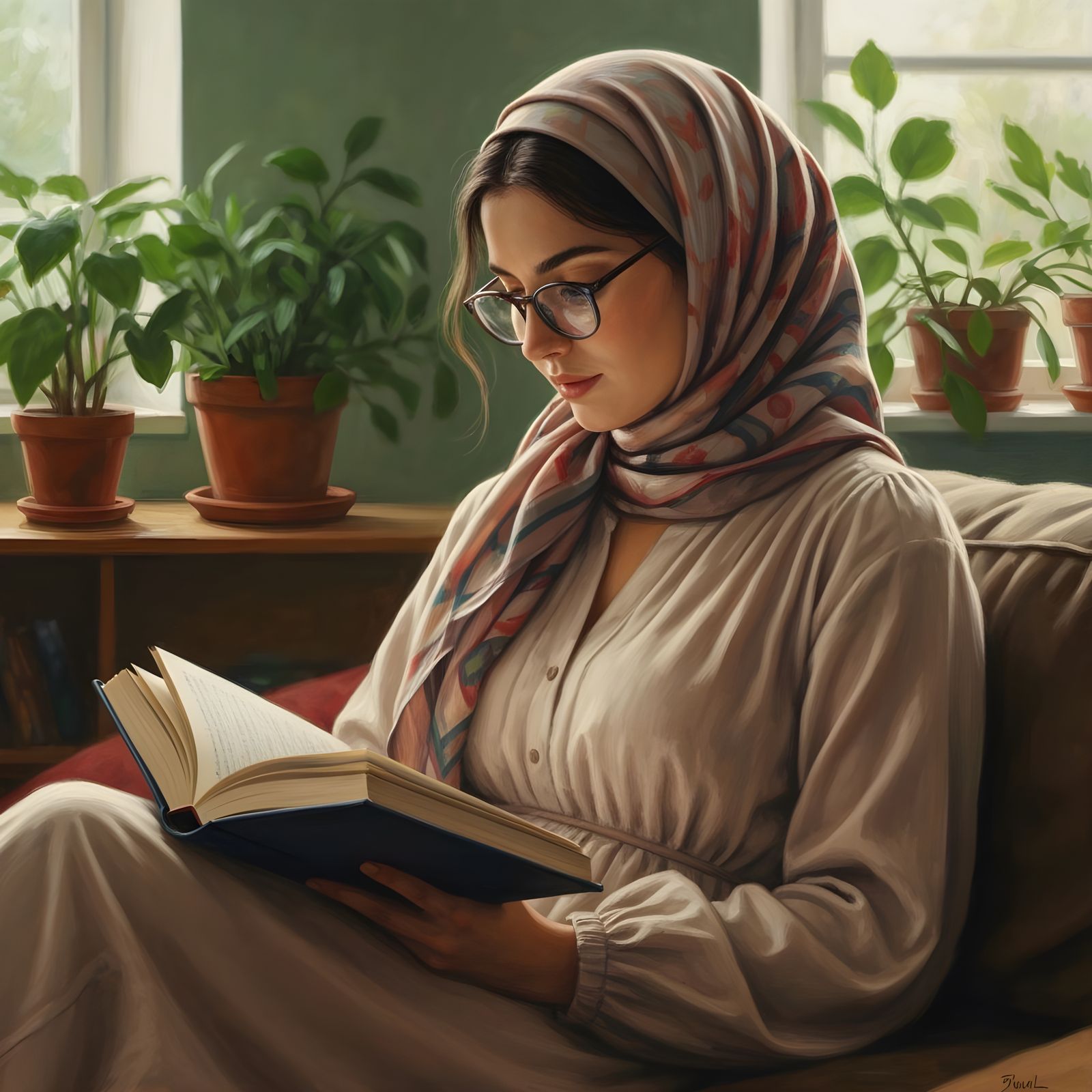 Beautiful Hijabi Woman Reading in Planted Living Room