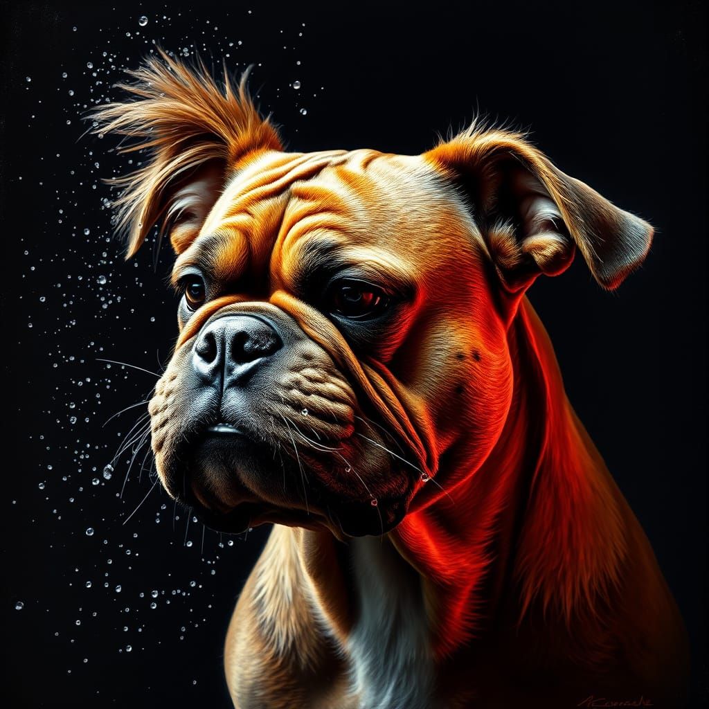Action shot, a grumpy dog shaking because he is wet from the...