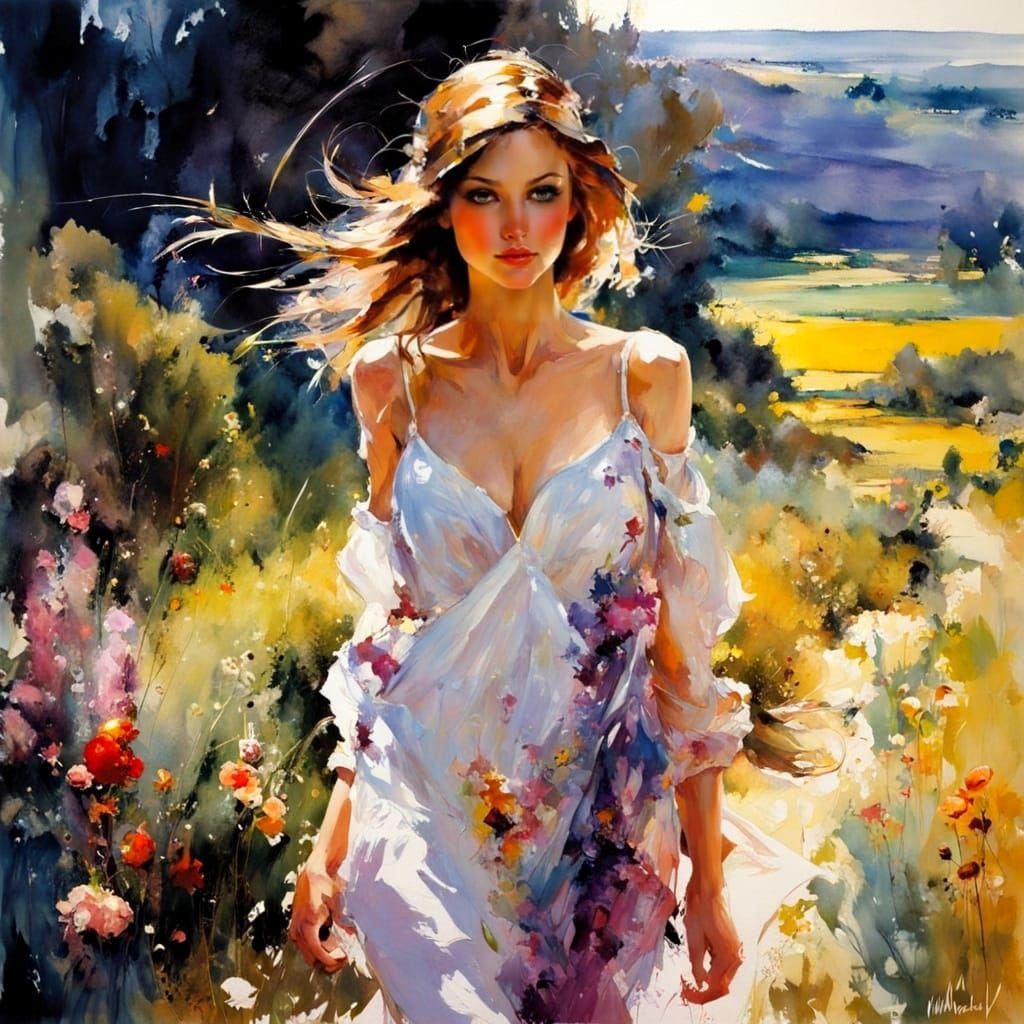 Enchanted Countryside Siren in Whimsical Watercolor Ink