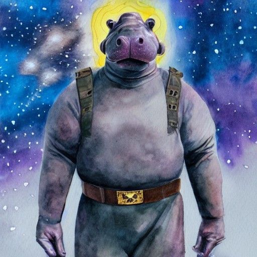 Hippo-Man Soldier in Space: Sci-Fi Watercolor Art