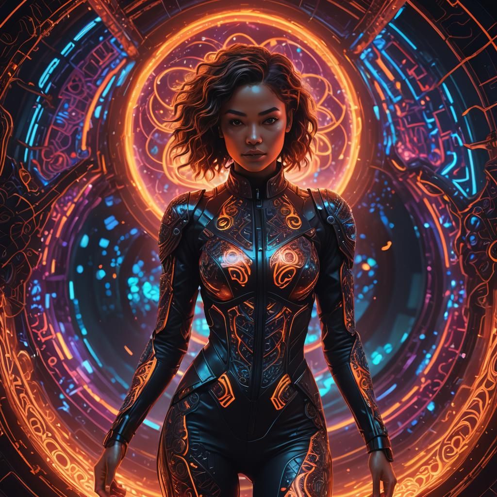 Sci-Fi Woman Steps into Glowing Oven