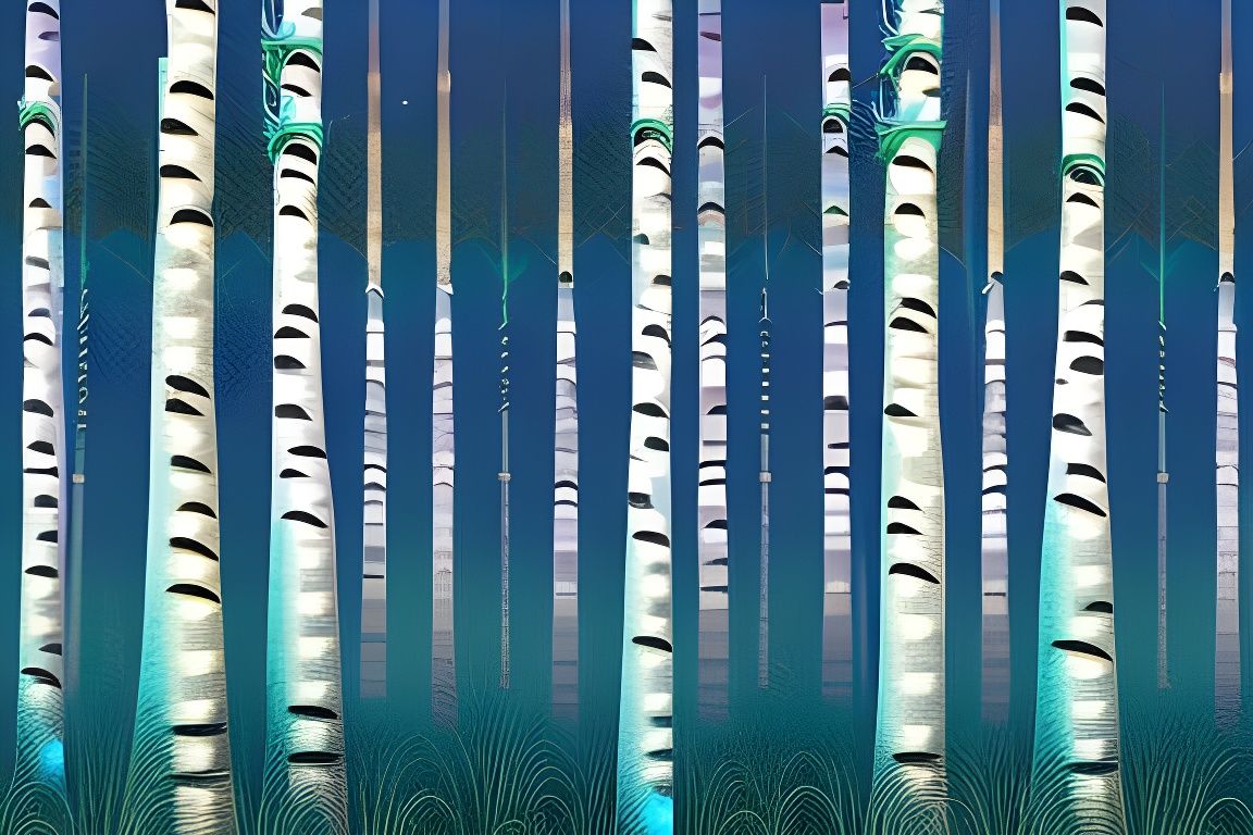 Teal Birch Tree Forest with Illuminated River