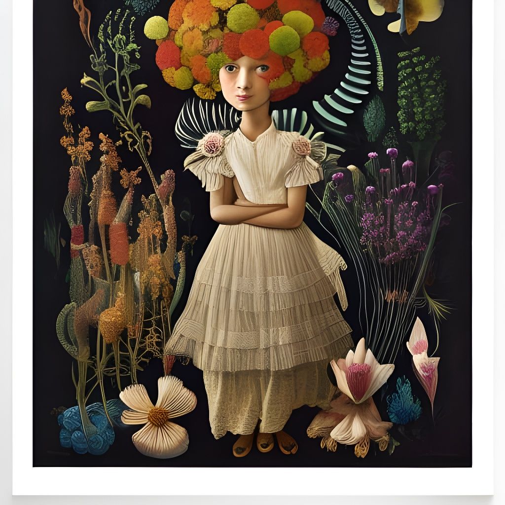 Girl Holding Flowers: Intricate Botanical Art