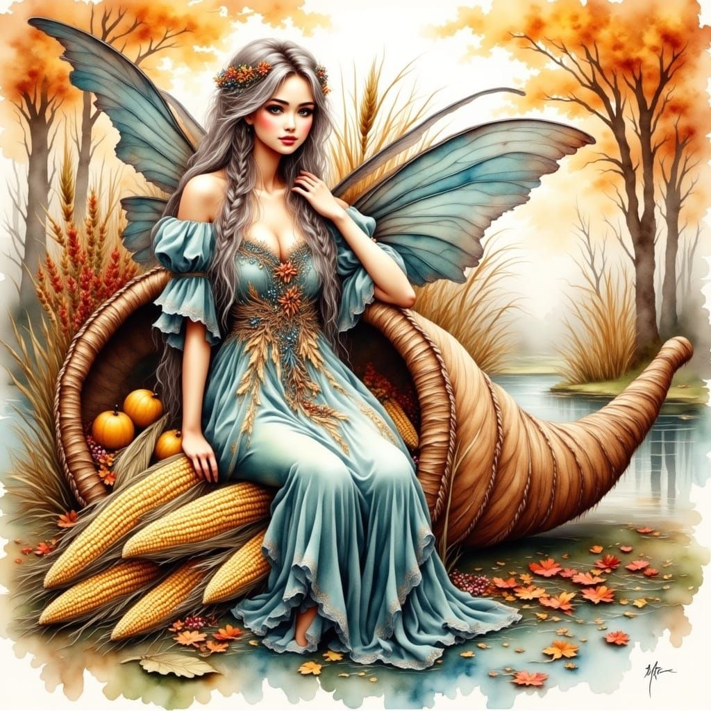 Autumn Fairy in Antique Watercolor Style