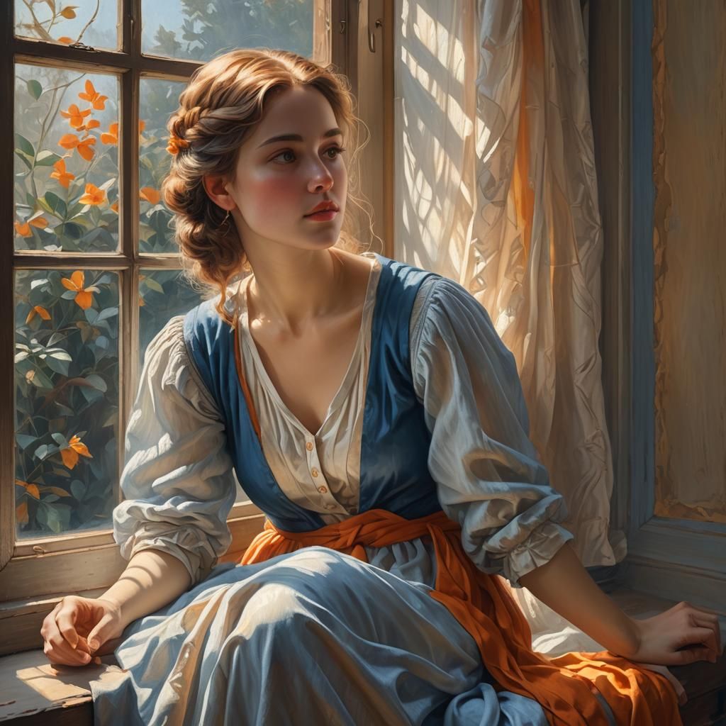 Girl by Window: A Dreamy Oil Painting