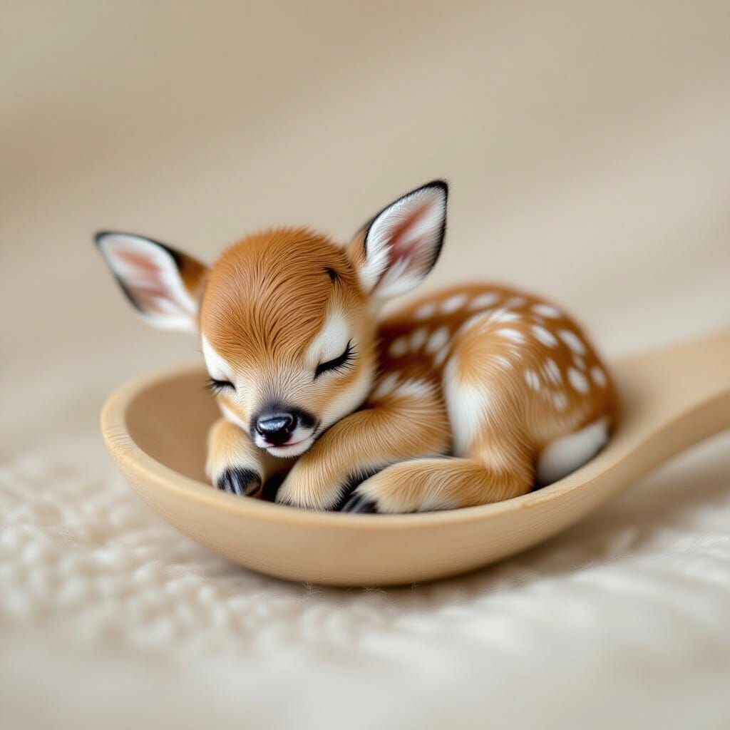 Tiny Fawn Asleep in Teaspoon Close-Up