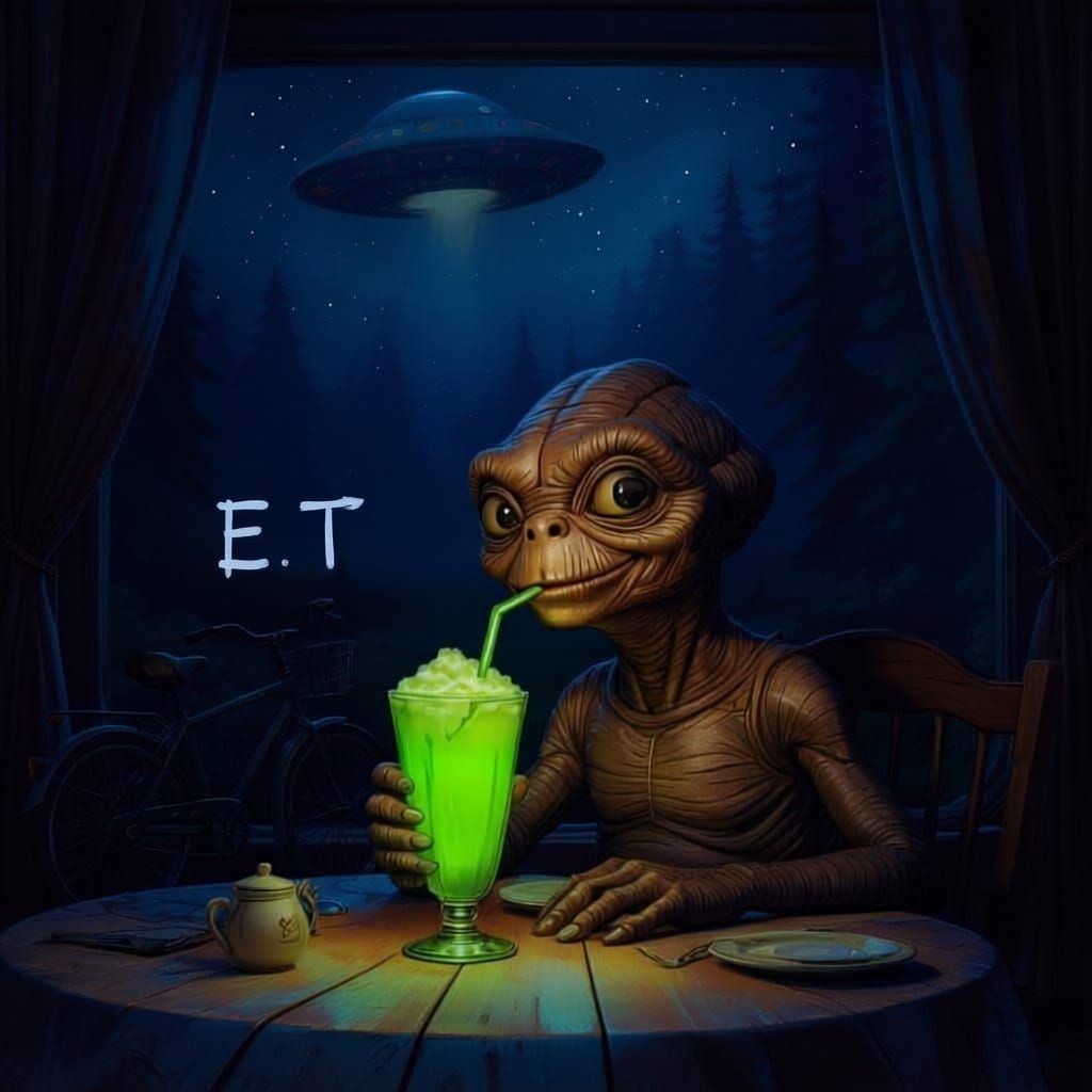 E.T. Enjoys Radioactive Milkshake with Spaceship Overhead