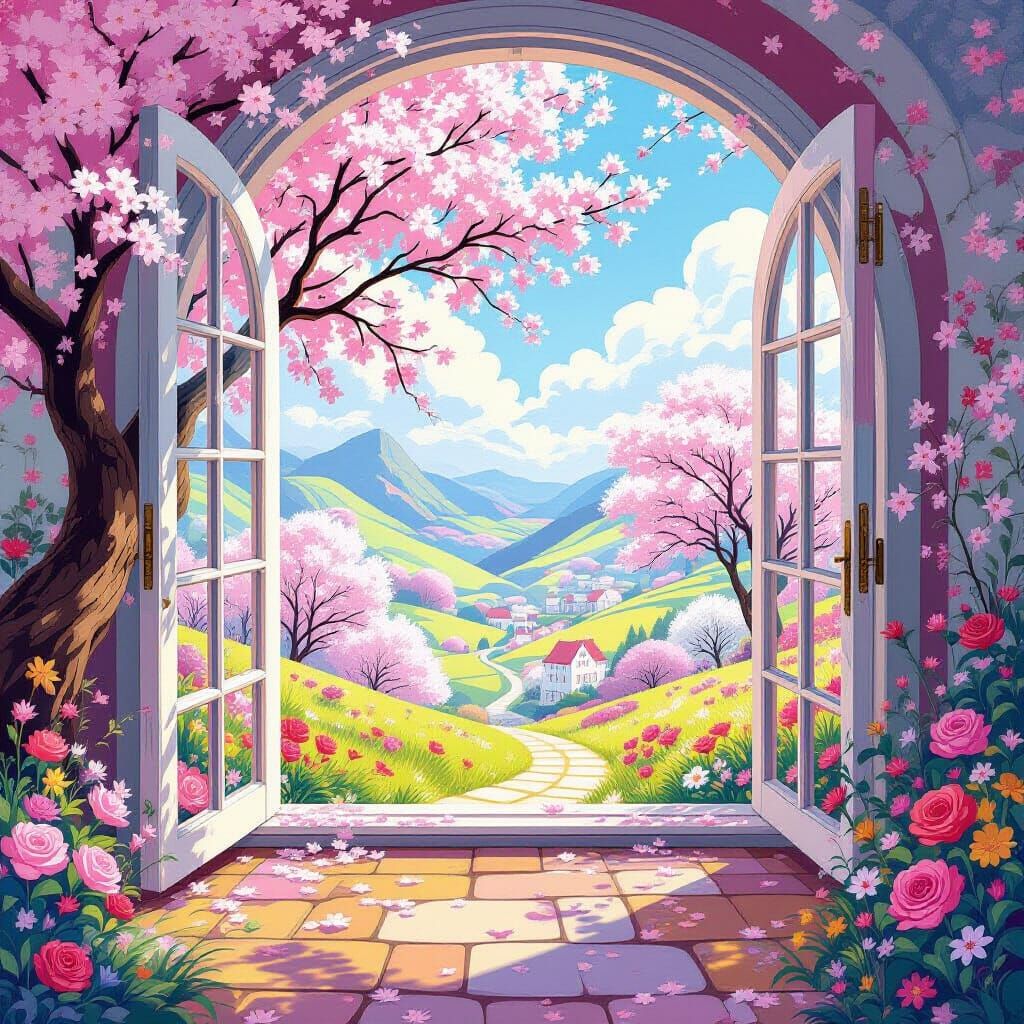 Candyland Cherry Blossoms Through Open Window