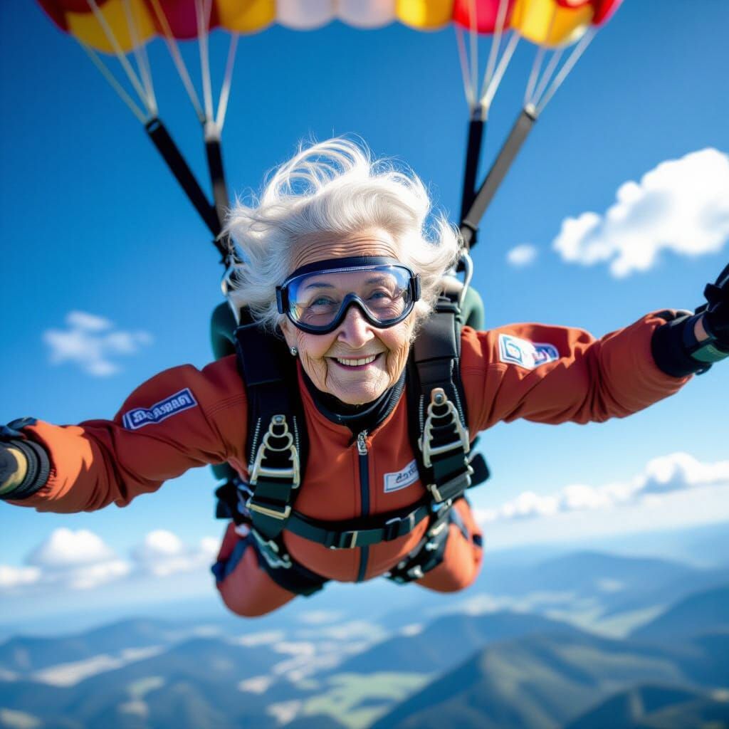 White-Haired Grandmother Skydiving on Sunny Day: Professiona...