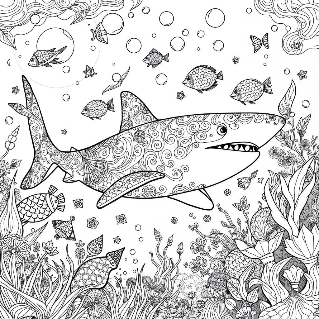Intricate Underwater World in Black and White Line Drawing