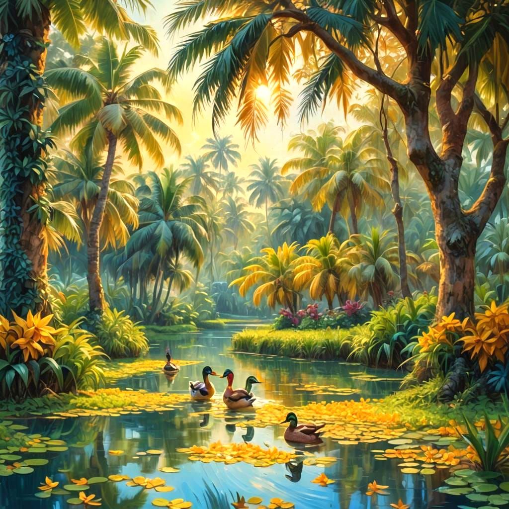 Ducks Dancing in Village Paddy Water: Detailed Matte Paintin...