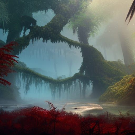 Mysterious Red Mist Jungle Swamp Landscape