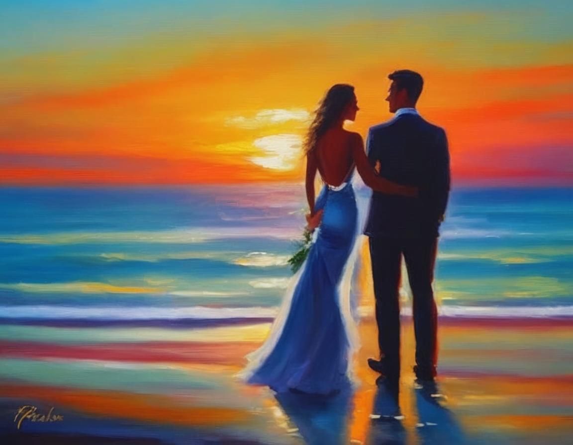 Happy Couple at Sunset: Neo-Impressionist Painting