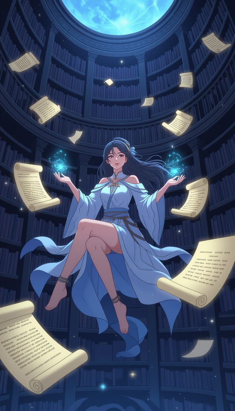 Celestial Librarian Casting Spells Among Glowing Scrolls