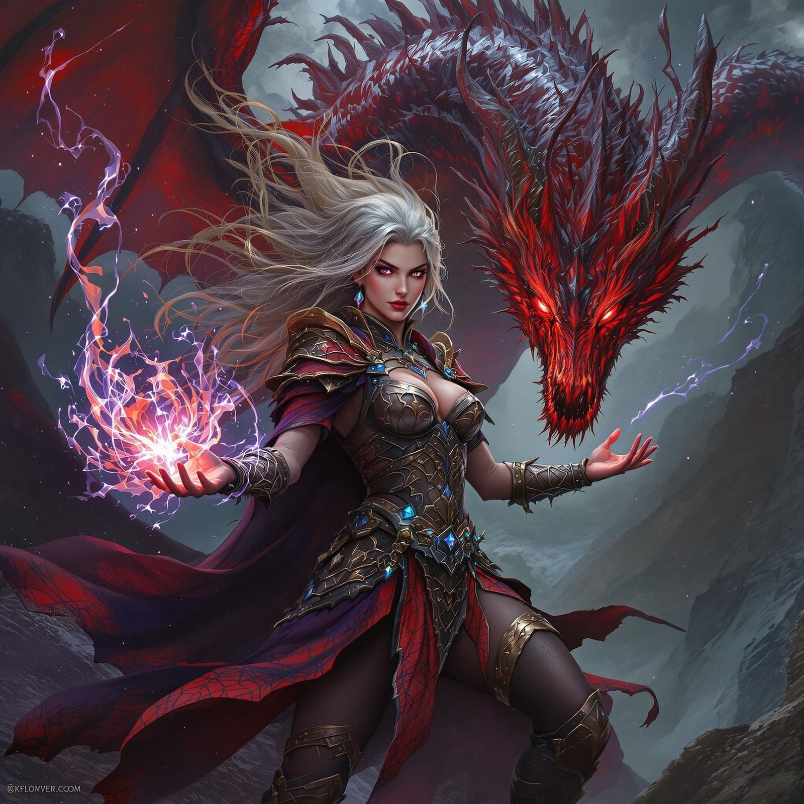 Mystra's Harper Battles Red Dragon in Epic Fantasy Scene