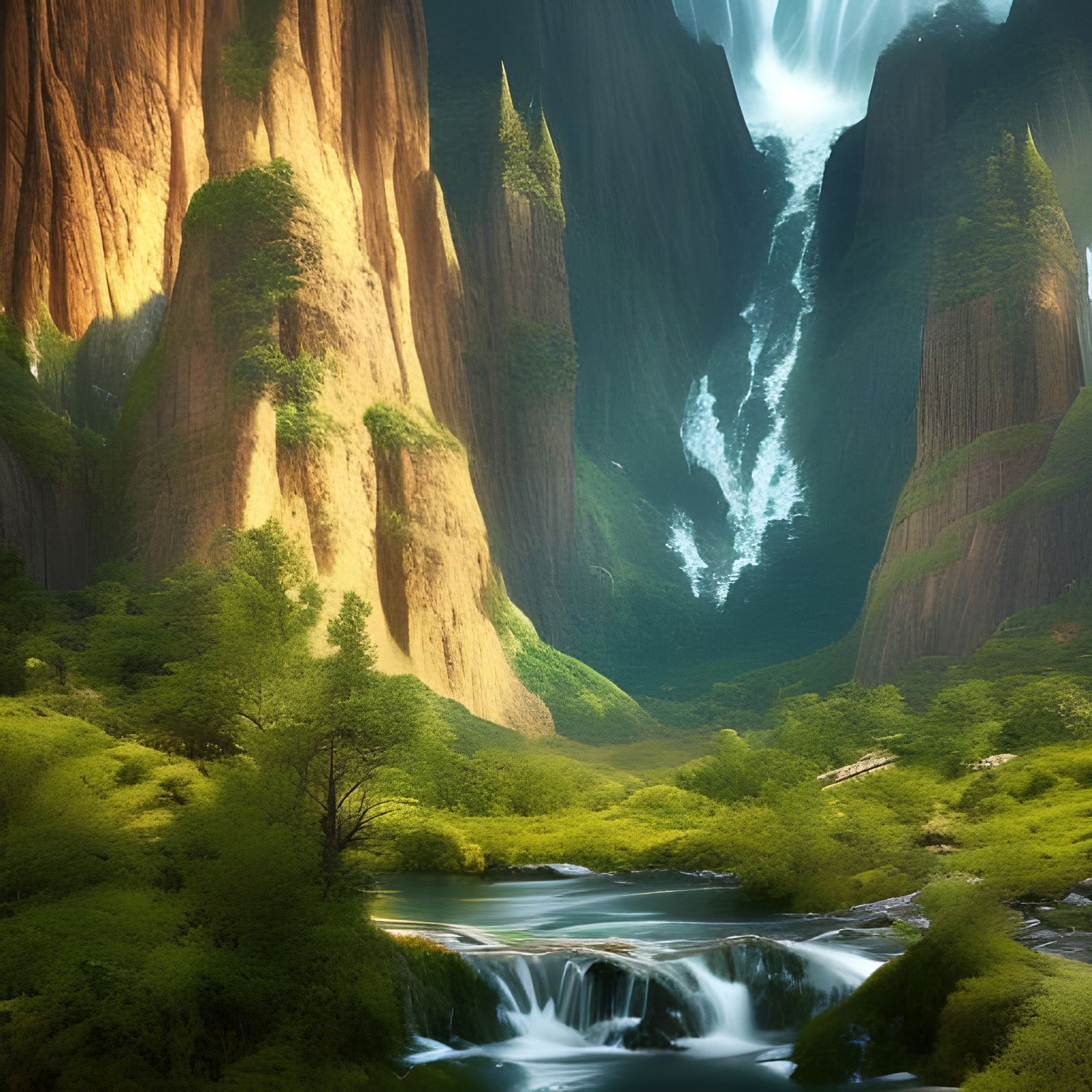 Majestic Waterfall in Mountain Valley