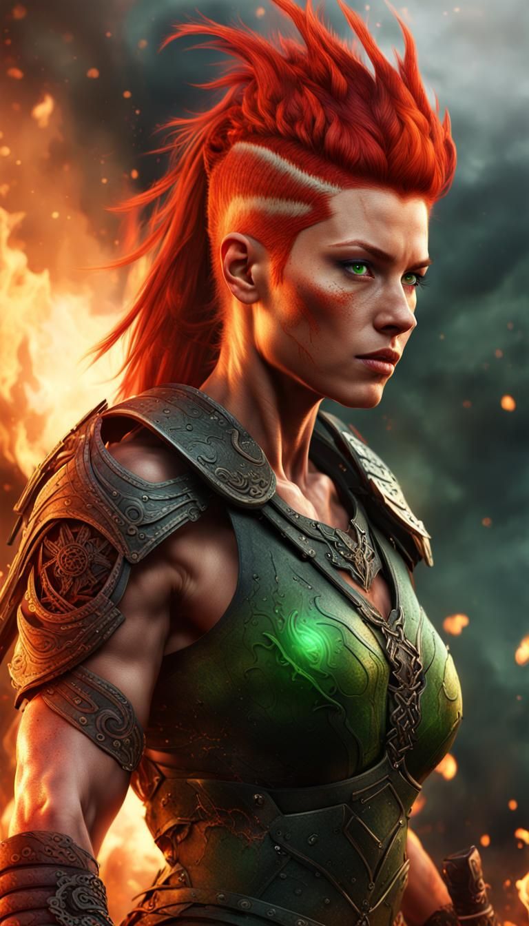 Fiery Aura: Muscular Warrior in Detailed Matte Painting