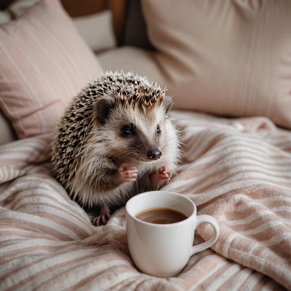 Hedgehog in Pajamas Sipping Coffee: Portrait Photography