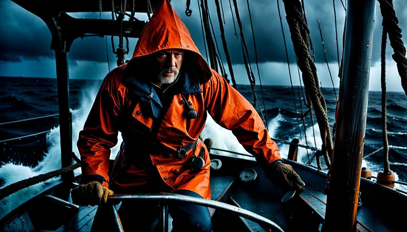 Sailor Battles a Raging Storm at Sea