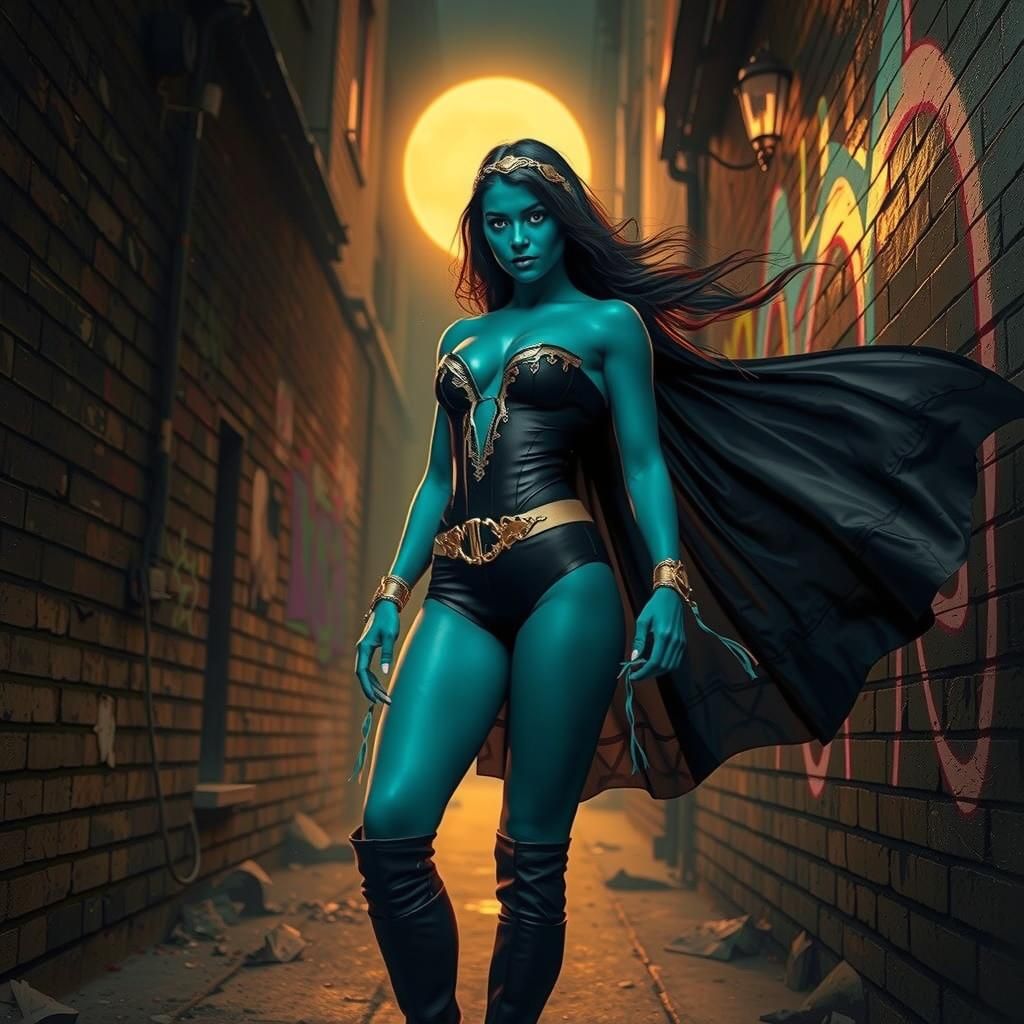 Legionnaire, Tasmia Mallor, aka Shadow Lass, stands heroically in a dark alley.