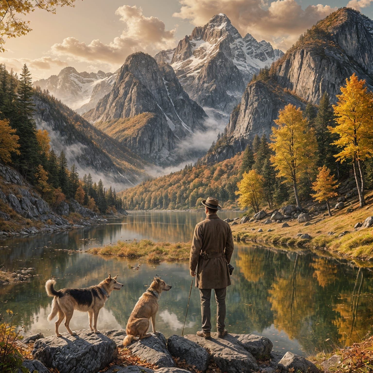 Autumnal Mountain Scene with Painter and Dog