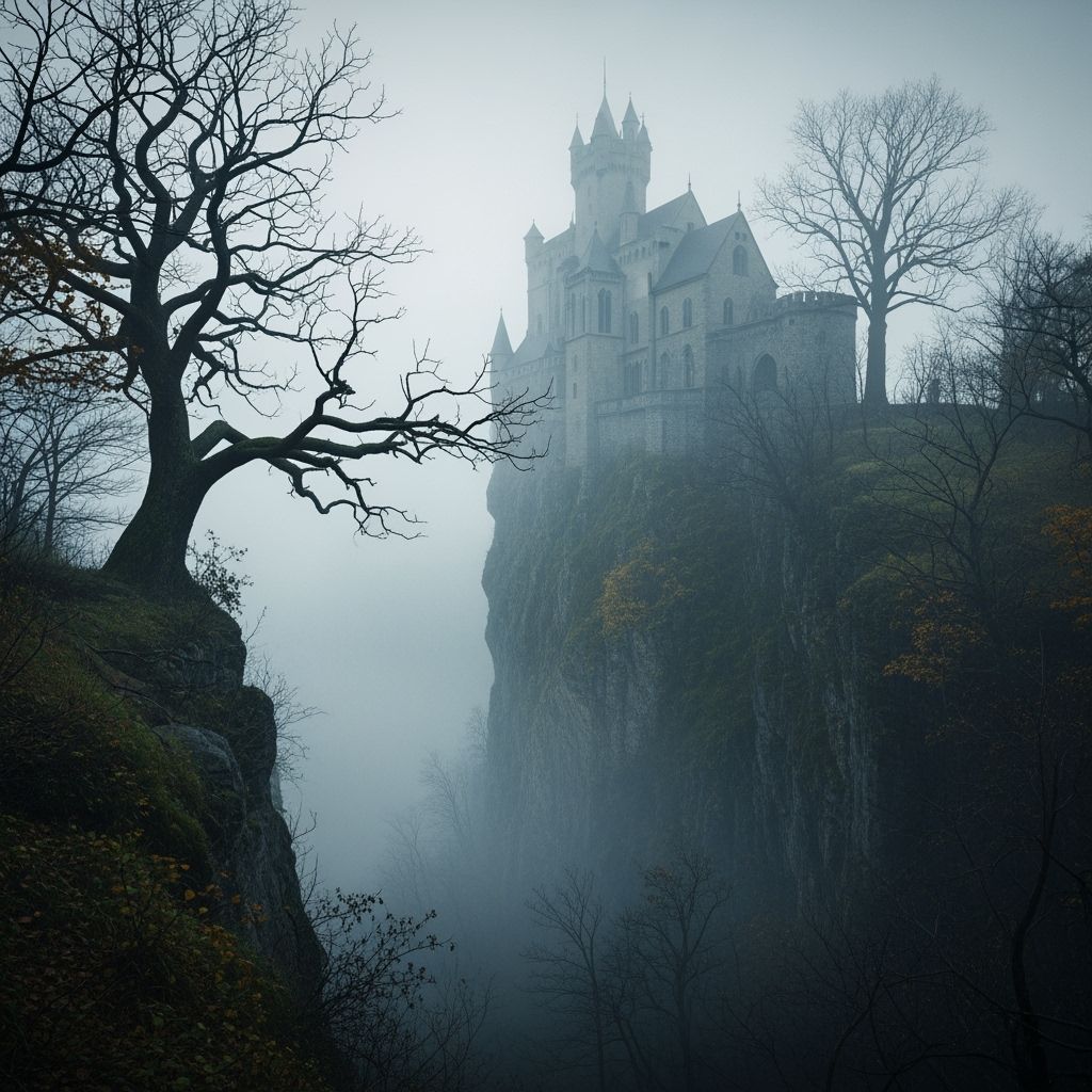 Gothic Castle on Cliff in Autumn Fog