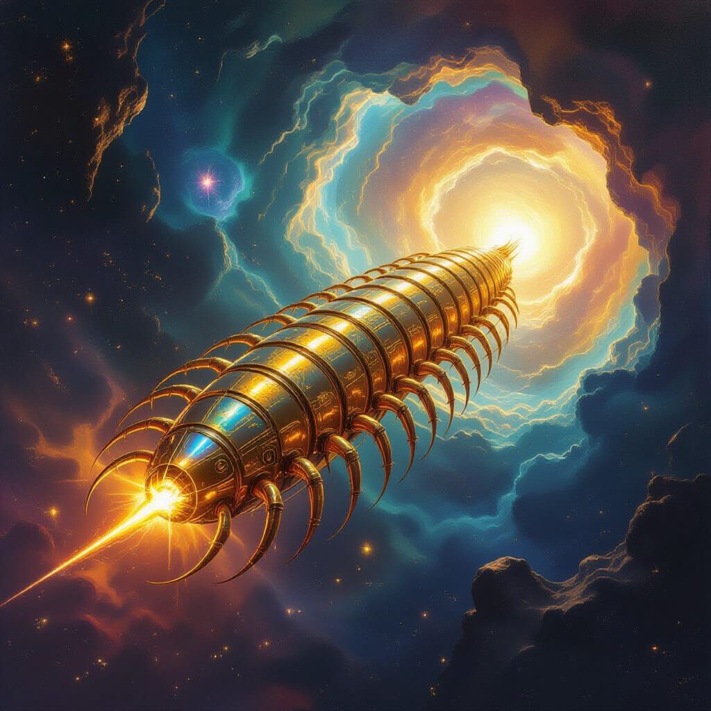 Bioluminescent Centipede Spaceship in Vibrant Nebula